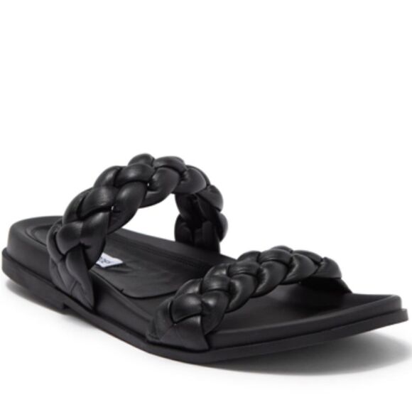 New Steve Madden Alodie Sandal  Black puffy double braid leather slides flip 4.5 - Picture 1 of 6